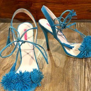 Daisystreet Suede Fringe Heels in Turquoise w/ Ankle Ties